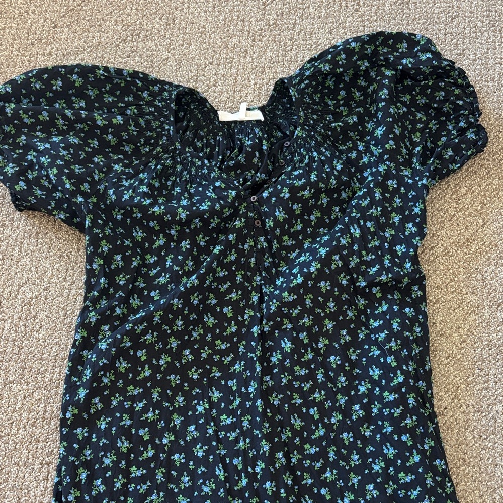 THE GREAT. Black and Green Floral Maxi Dress